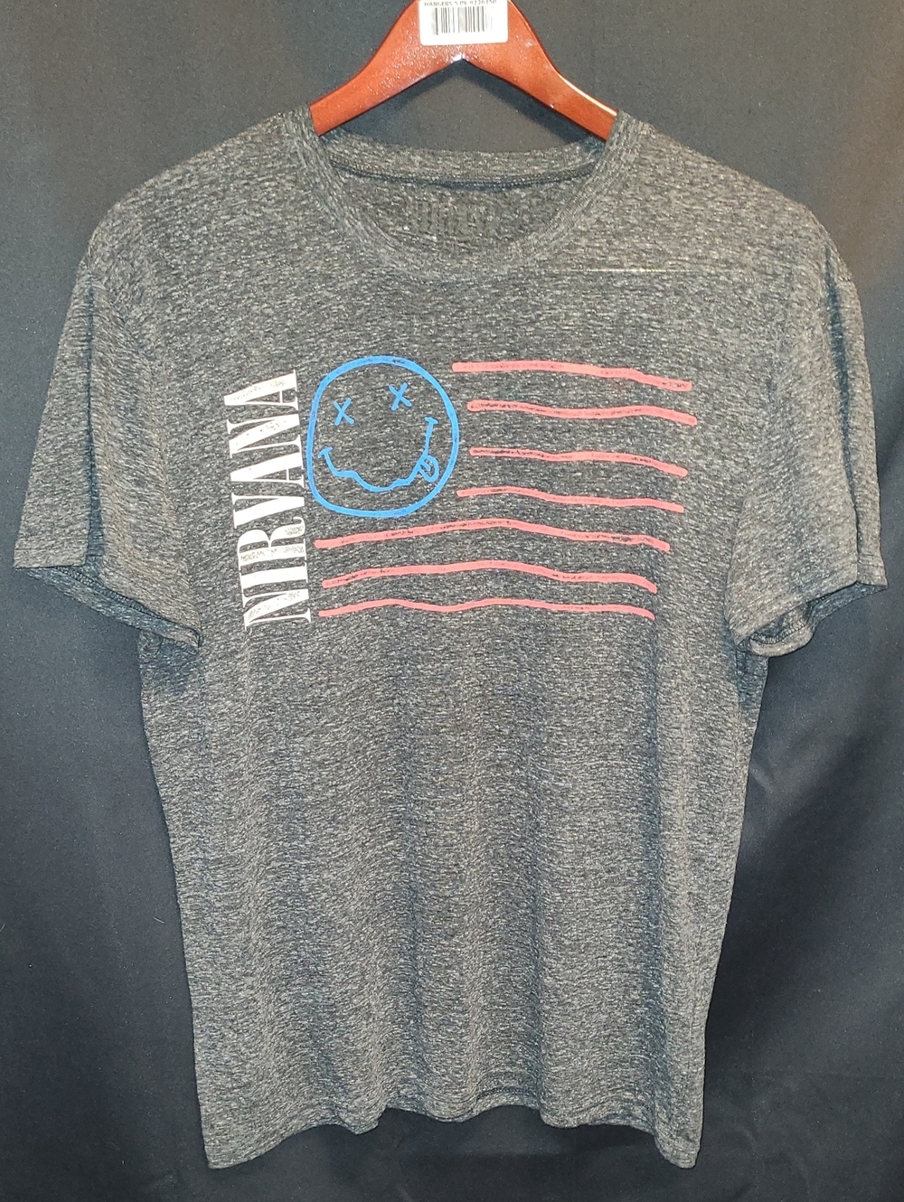 NIRVANA Gray Heather Tee with Blue Smiley and Red Stripe Graphic